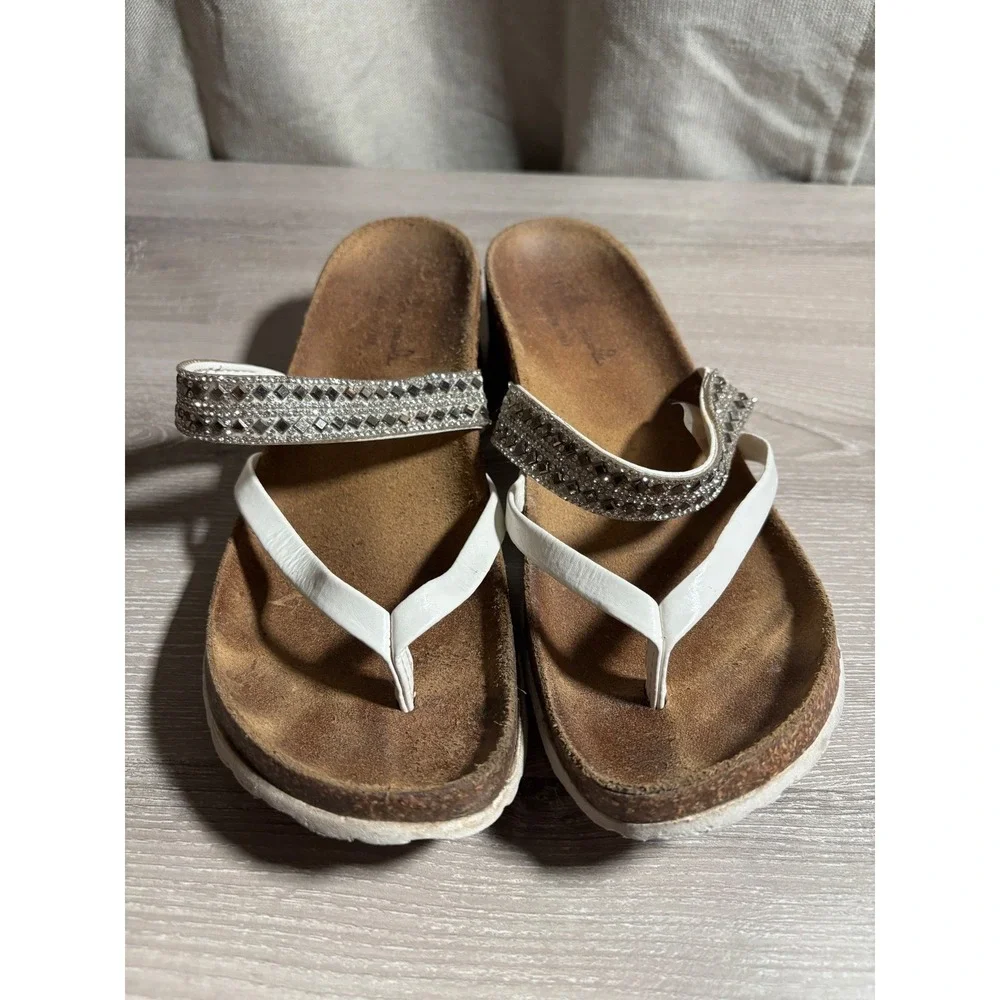 La Strada Womens 8 Rhinestone Cork Wedge Thong Sandals Made in Italy Resortwear